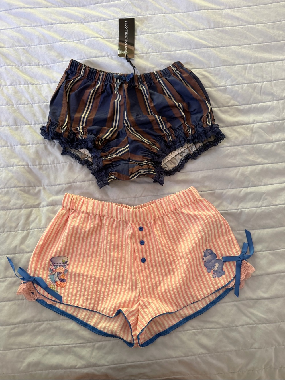 Navy Striped Ruffle Shorts & Pink Striped Button-Front Shorts Set